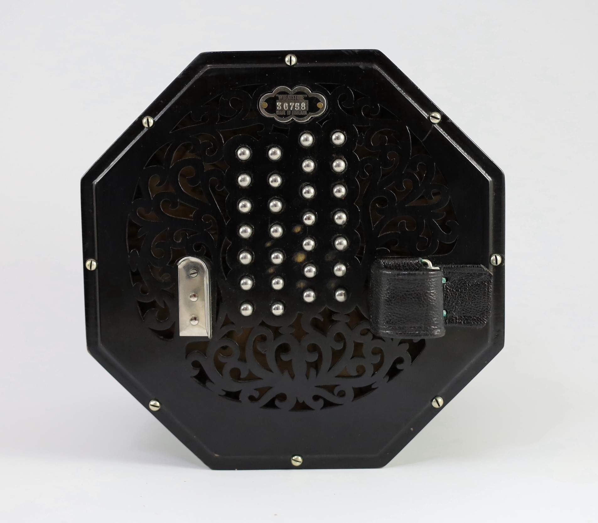 PLEASE NOTE 57 KEYS. A Wheatstone 'English' Model No. 5E 57 key concertina, diameter 17cm, with original leather case